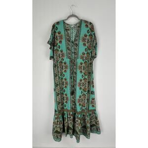 Boemo Womens Turquoise Floral Boho Maxi Dress Short Sleeve Button Front Size L